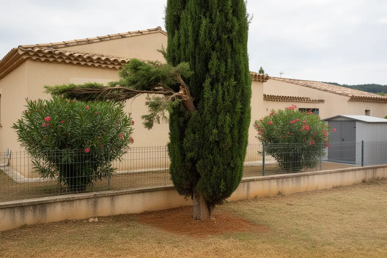 Cyprès fissuré avant intervention à Venelles