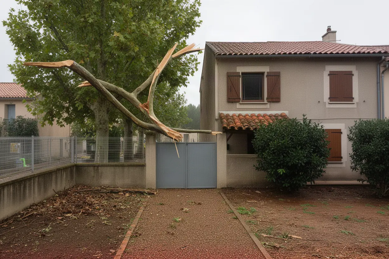 Branche fendue suspendue après le mistral à Gardanne