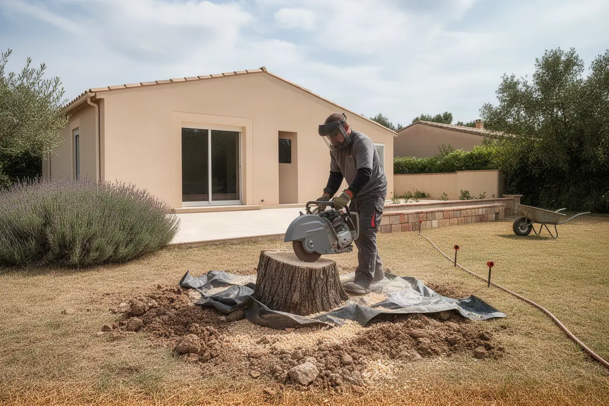 Rogneuse retirant une souche dans un jardin de Gardanne