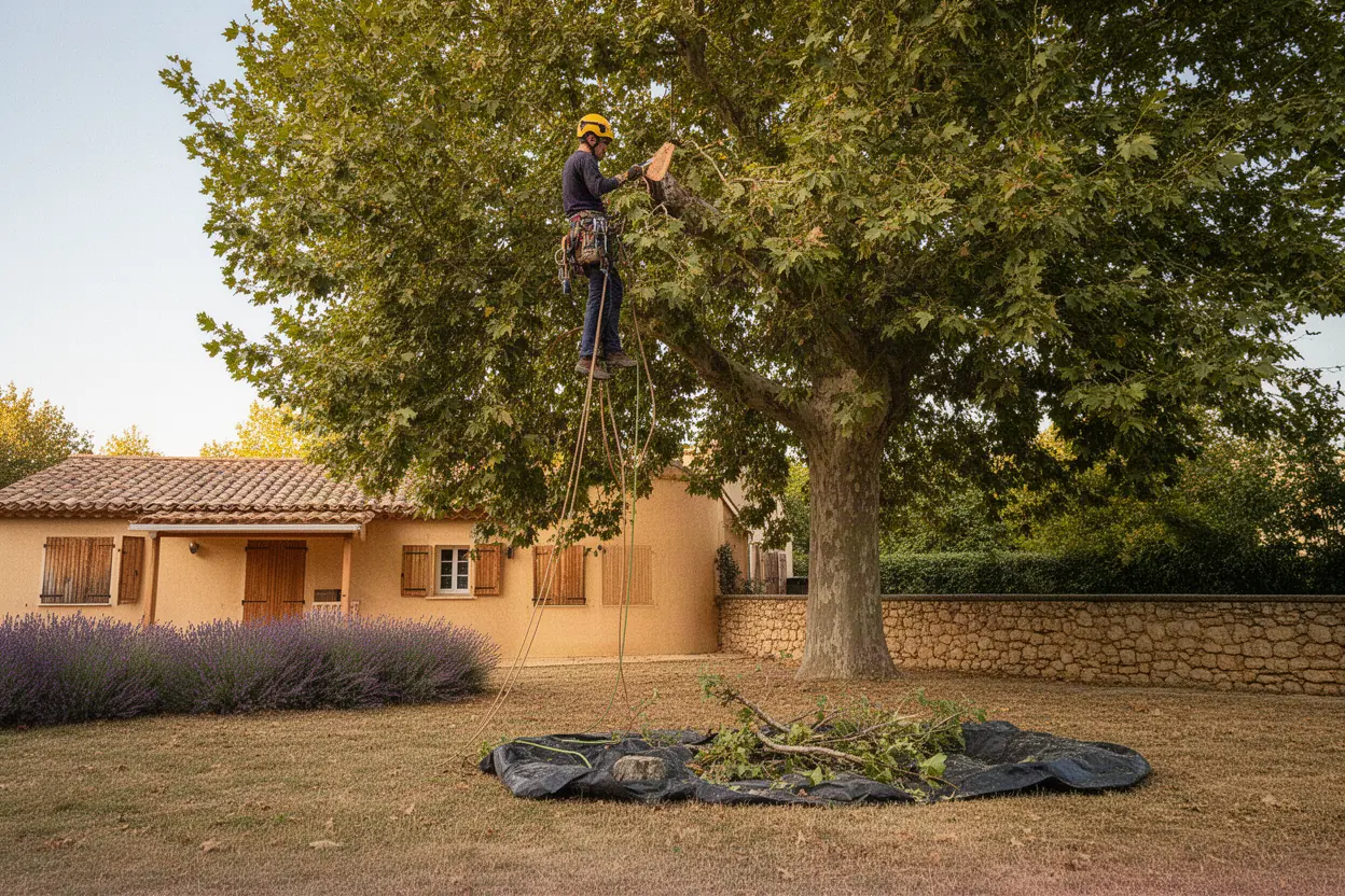 Élagueur taillant un pin dans un jardin à Gardanne