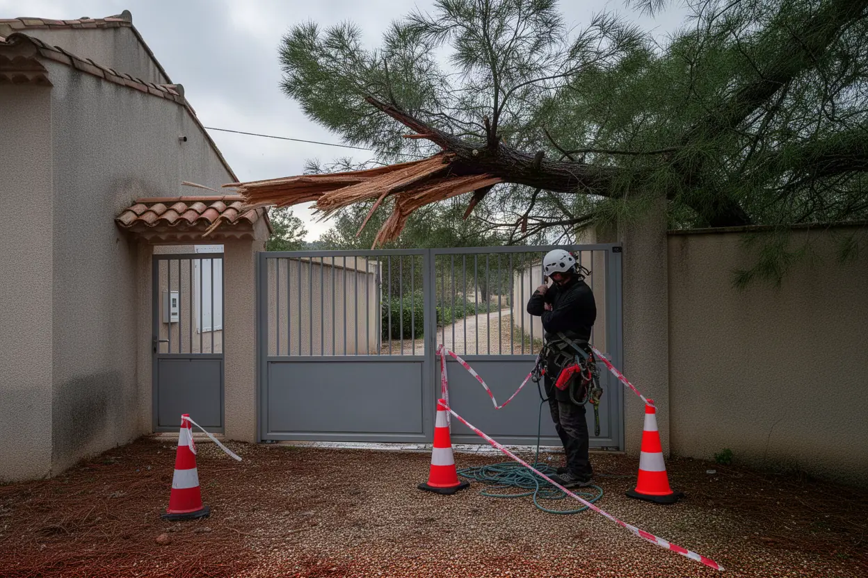 Équipe sécurisant un arbre endommagé par le vent à Gardanne