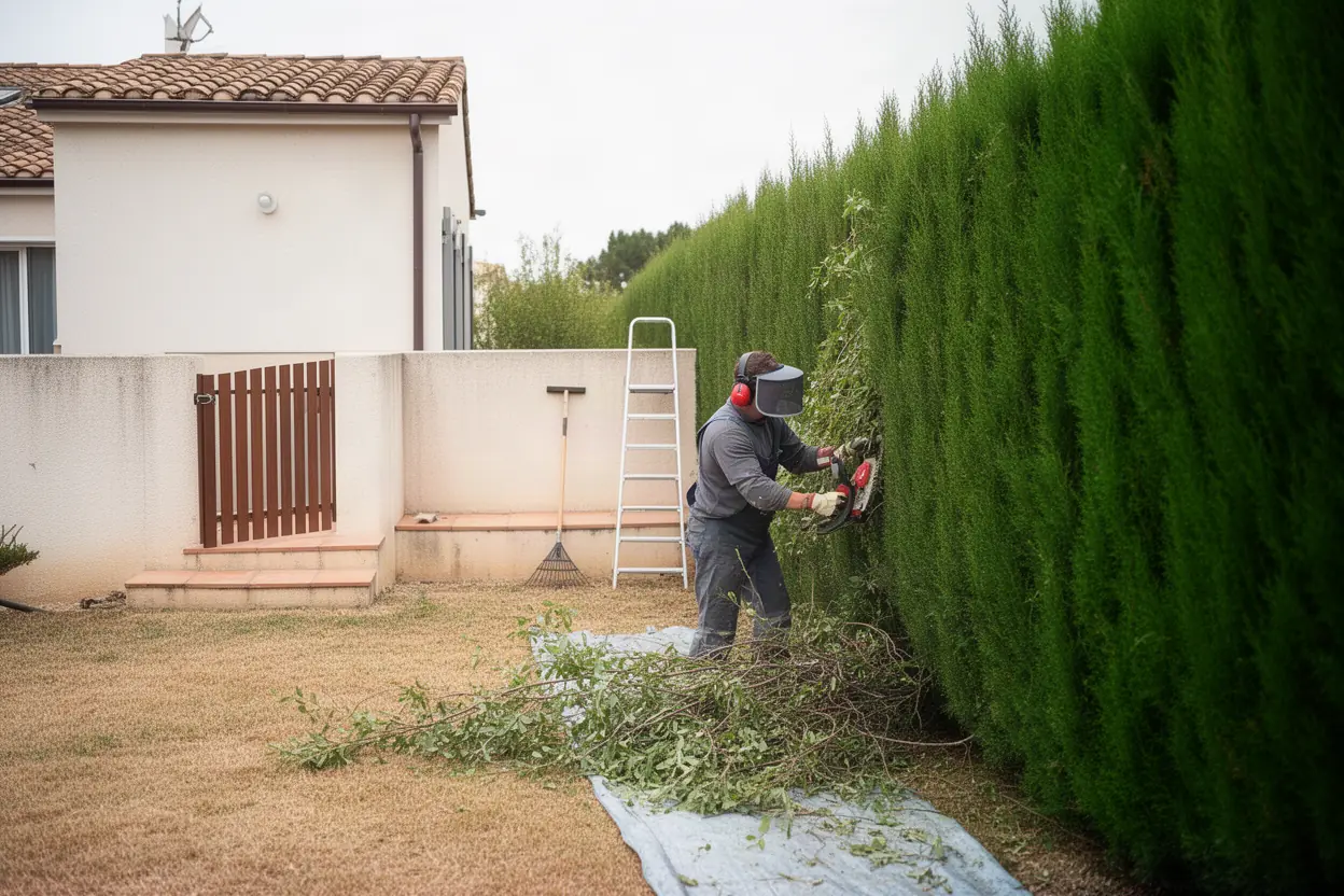 Jardinier taillant une haie de cyprès à Gardanne